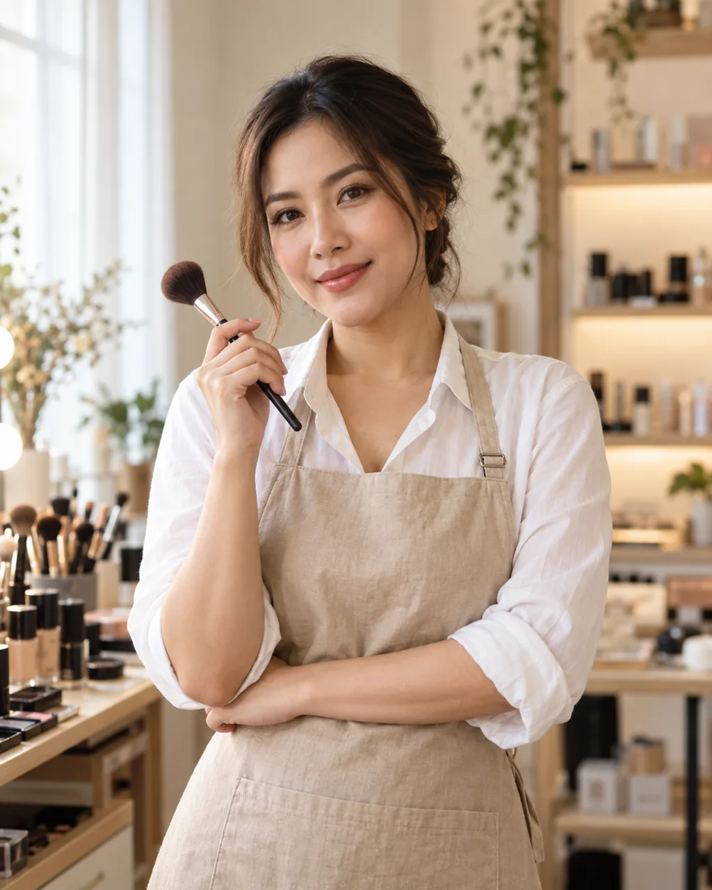 ช่างแต่งหน้าของสตูดิโอยืนถือแปรงในห้องทำงาน