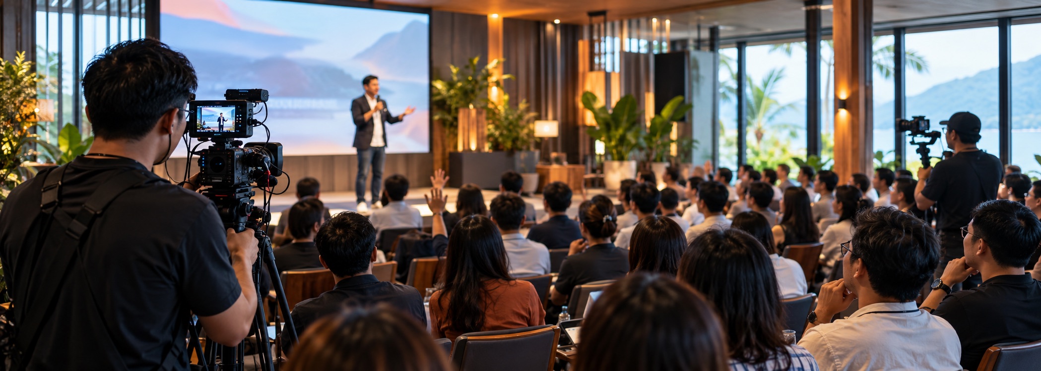 ภาพประกอบการเก็บภาพงานสัมมนา มีวิทยากรบนเวที ผู้ร่วมงานนั่งฟัง และช่างภาพวิดีโอเก็บภาพจากท้ายห้อง